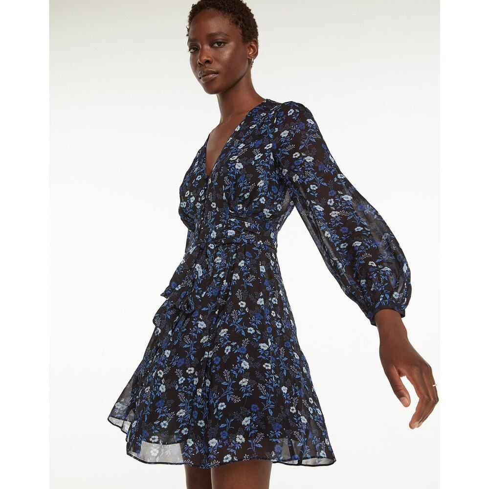 The Kooples Short Tie Waist Dress in Floral Blue Poppy Print - Picture 2 of 13